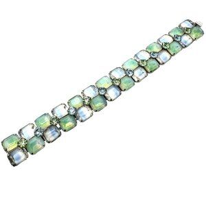 Vintage Kramer New York Blue Green Glass Rhinestone Silver Tone Bracelet 7 Inch